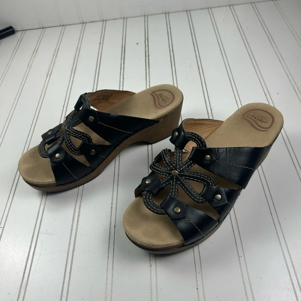 Dansko Serena Black Leather Slide Sandals Women’s Size 9-9.5
